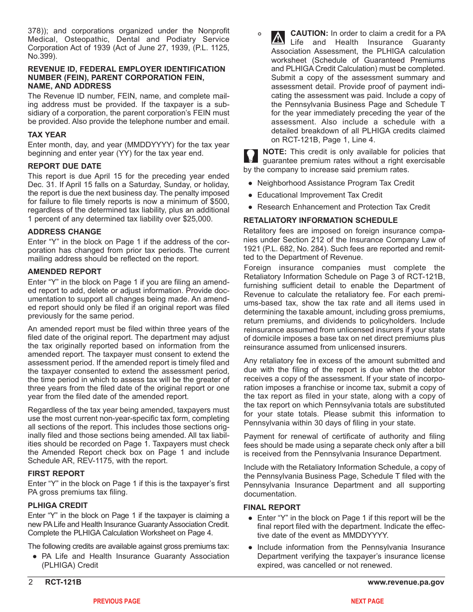 Form RCT-121B Gross Premiums Tax - Foreign Life or Foreign Title Insurance Companies - Pennsylvania, Page 6
