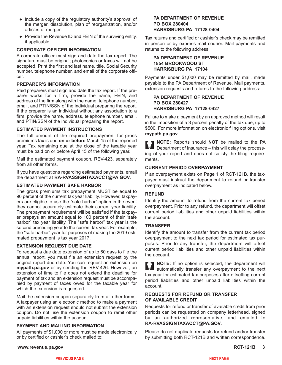 Form RCT-121B Gross Premiums Tax - Foreign Life or Foreign Title Insurance Companies - Pennsylvania, Page 7