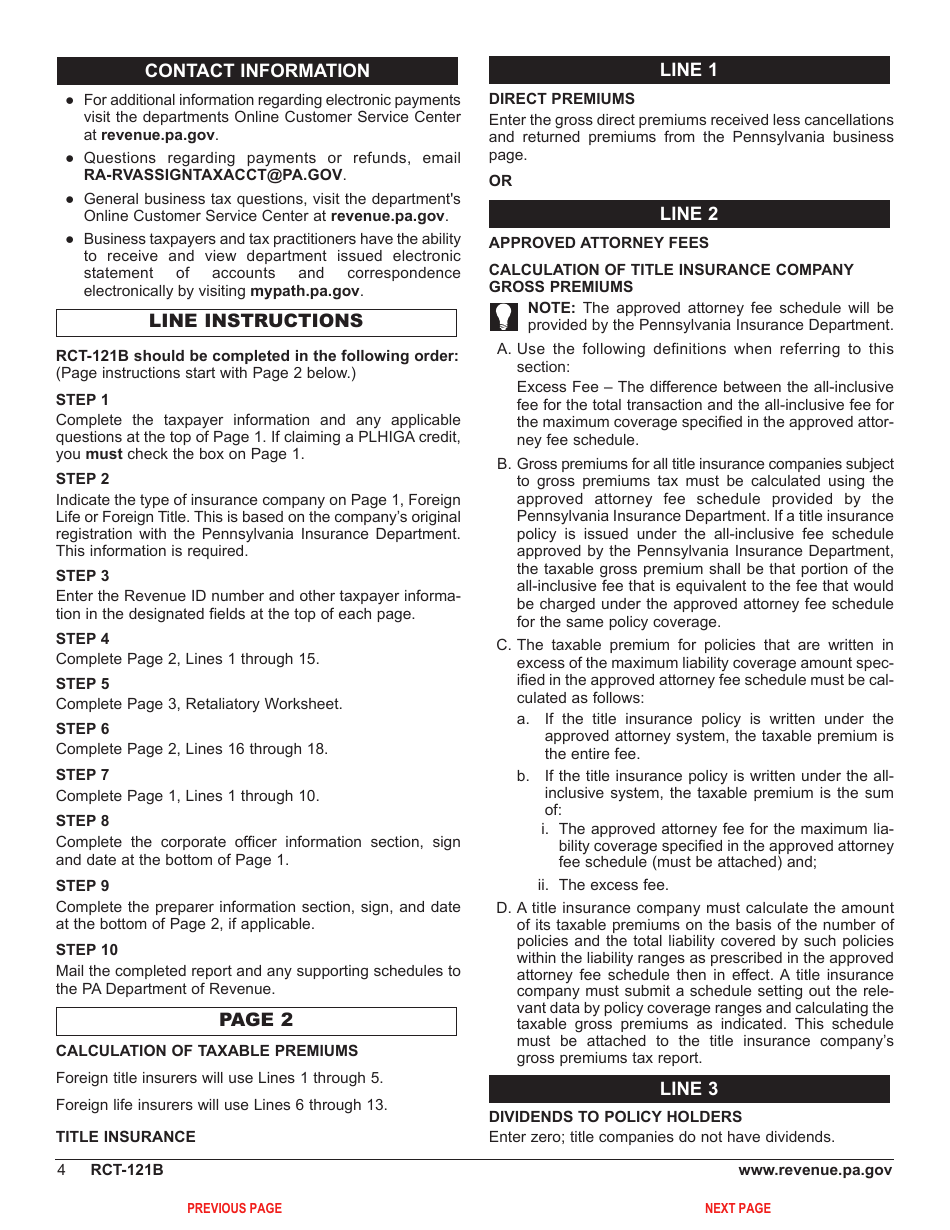 Form RCT-121B Gross Premiums Tax - Foreign Life or Foreign Title Insurance Companies - Pennsylvania, Page 8
