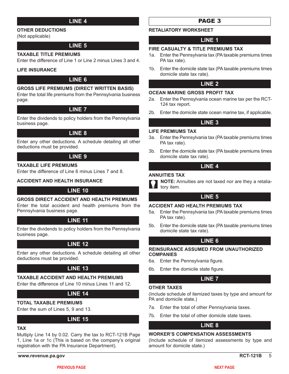Form RCT-121B Gross Premiums Tax - Foreign Life or Foreign Title Insurance Companies - Pennsylvania, Page 9