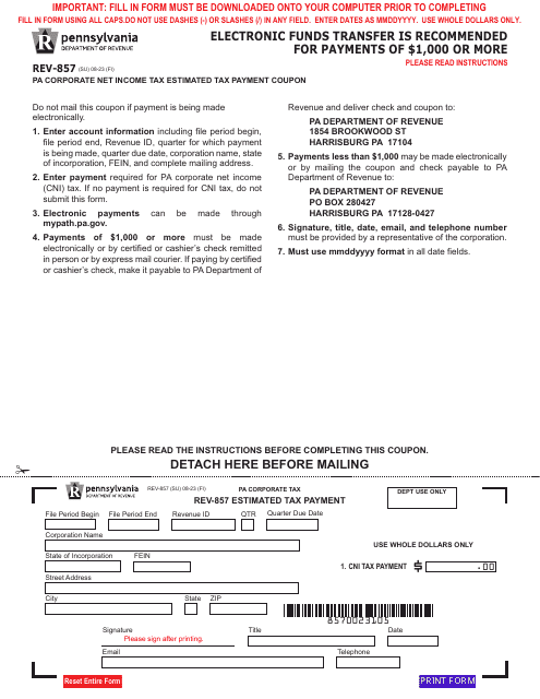 Form REV-857 Pa Corporate Net Income Tax Estimated Tax Payment Coupon - Pennsylvania