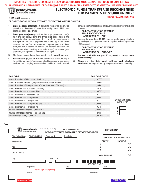 Form REV-423 Pa Corporation Specialty Taxes Estimated Payment Coupon - Pennsylvania