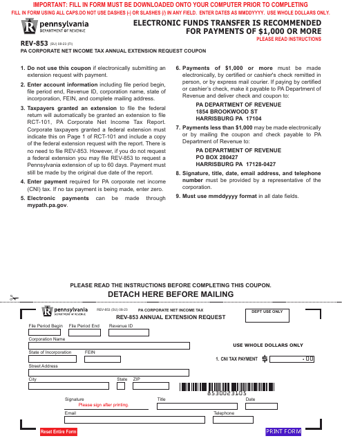 Form REV-853 Pa Corporate Net Income Tax Annual Extension Request Coupon - Pennsylvania