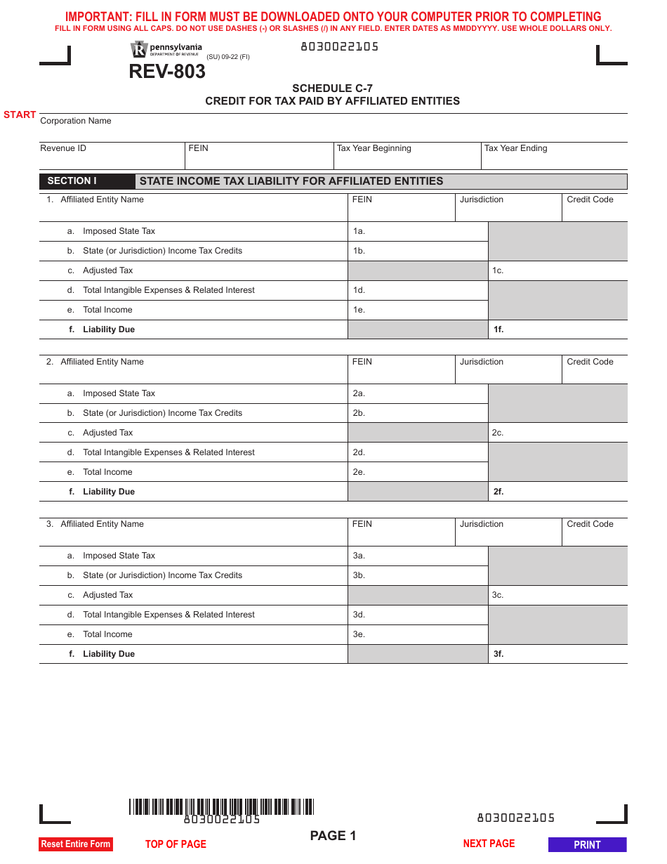 Form REV-803 Schedule C-7 Credit for Tax Paid by Affiliated Entities - Pennsylvania, Page 1