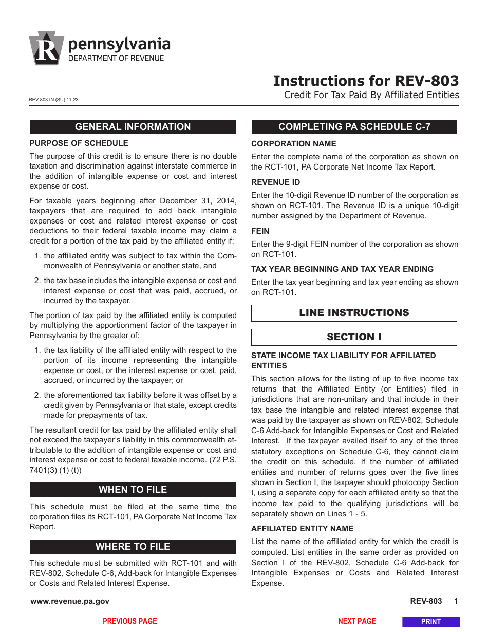Form REV-803 Schedule C-7 Credit for Tax Paid by Affiliated Entities - Pennsylvania, Page 3