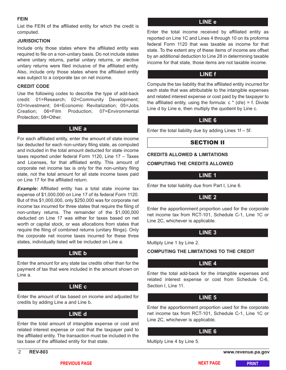 Form REV-803 Schedule C-7 Credit for Tax Paid by Affiliated Entities - Pennsylvania, Page 4
