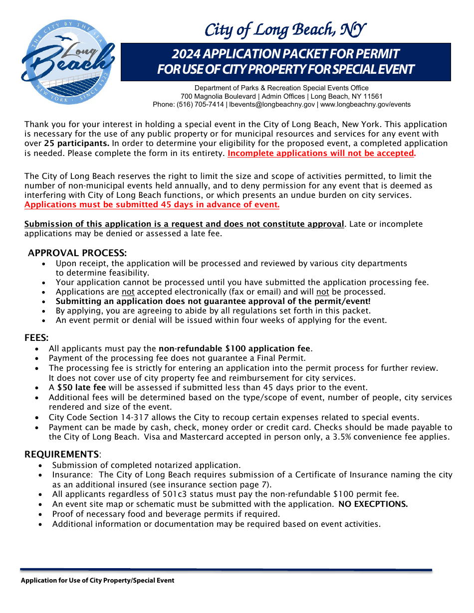 2024 City of Long Beach, New York Application Packet for Permit for Use ...