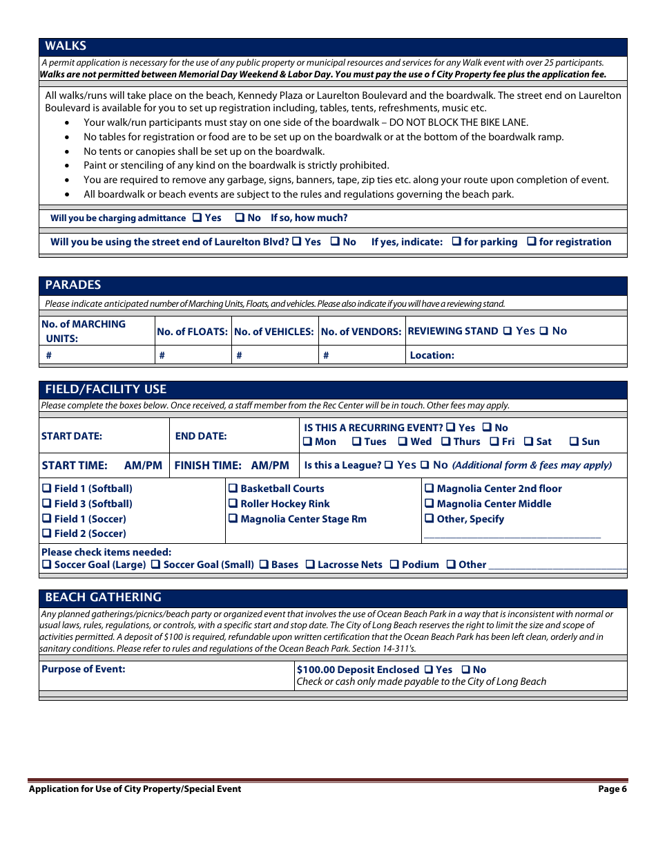 Application Packet for Permit for Use of City Property for Special Event - City of Long Beach, New York, Page 6