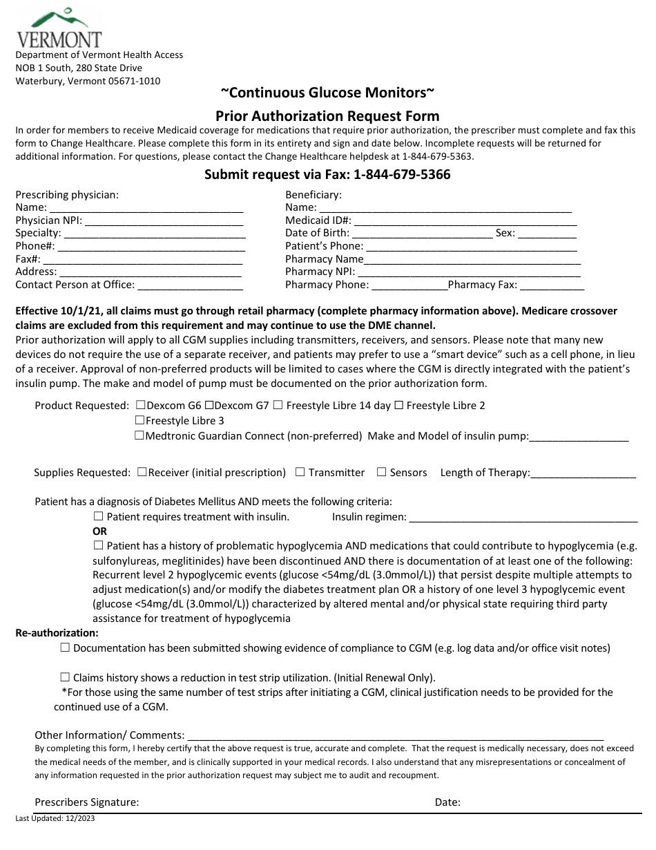Continuous Glucose Monitors Prior Authorization Request Form - Vermont, Page 1