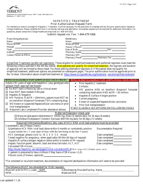 Hepatitis C Treatment Prior Authorization Request Form - Vermont Download Pdf