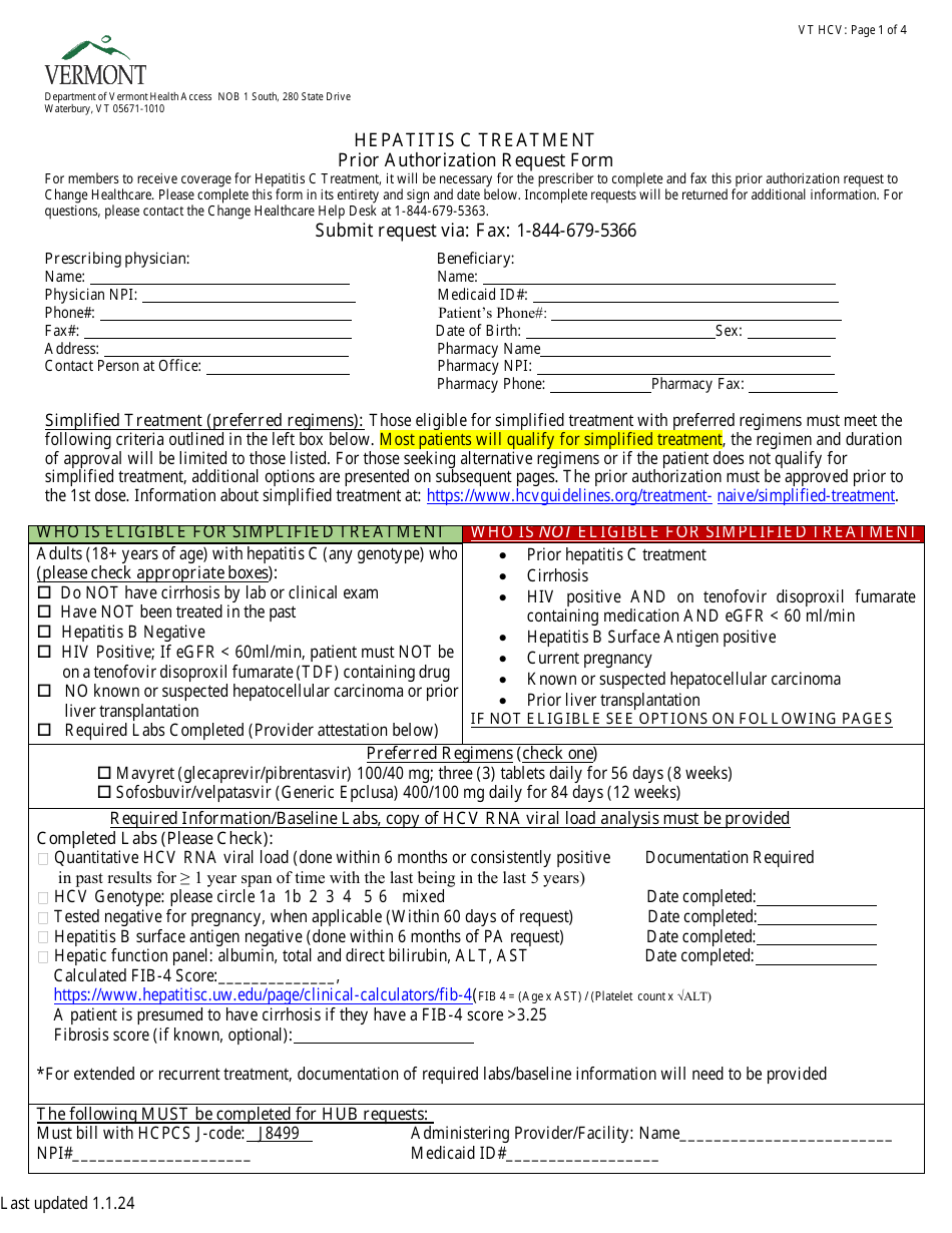 Hepatitis C Treatment Prior Authorization Request Form - Vermont, Page 1