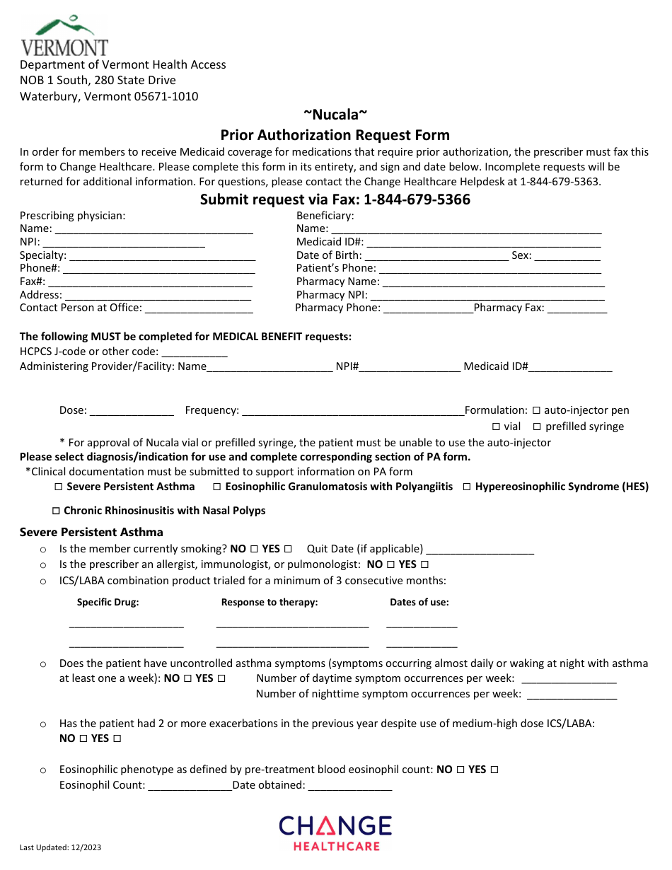 Nucala Prior Authorization Request Form - Vermont, Page 1