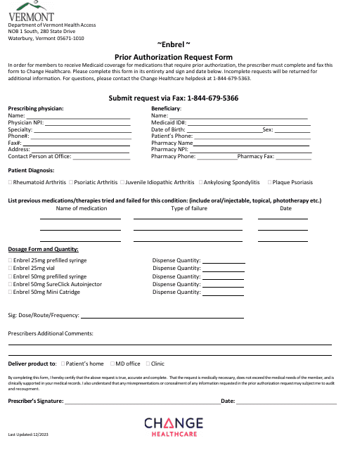 Enbrel Prior Authorization Request Form - Vermont