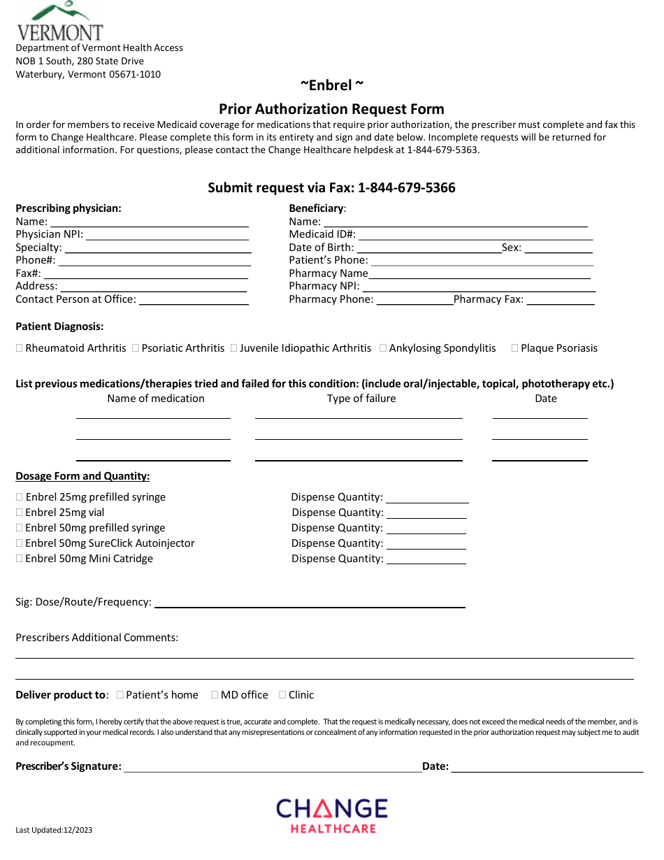 Enbrel Prior Authorization Request Form - Vermont, Page 1