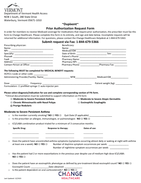 Dupixent Prior Authorization Request Form - Vermont Download Pdf