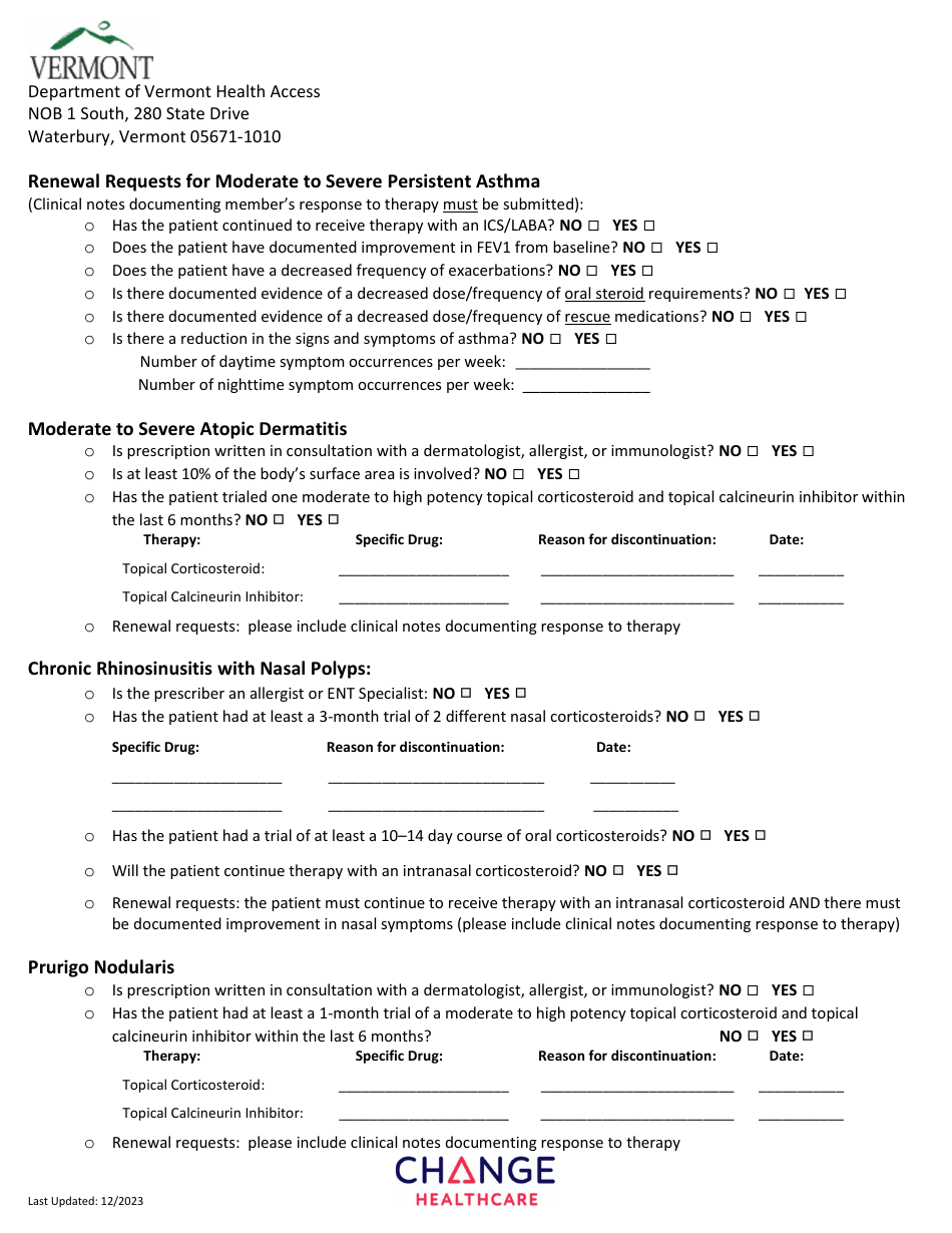 Dupixent Prior Authorization Request Form - Vermont, Page 2