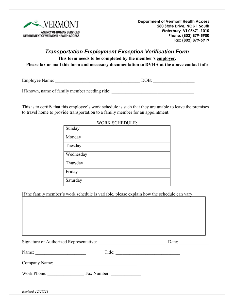 Transportation Employment Exception Verification Form - Vermont, Page 1