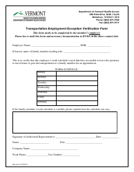 Document preview: Transportation Employment Exception Verification Form - Vermont