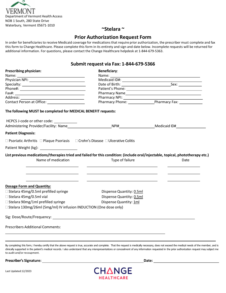 Stelara Prior Authorization Request Form - Vermont, Page 1