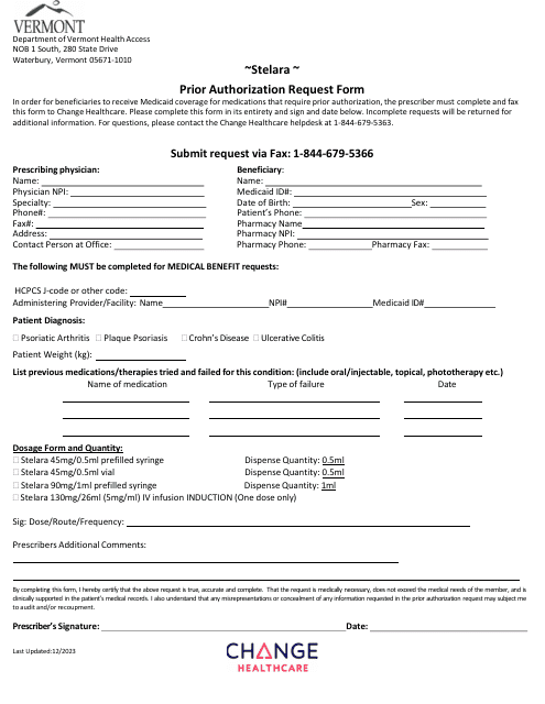 Stelara Prior Authorization Request Form - Vermont