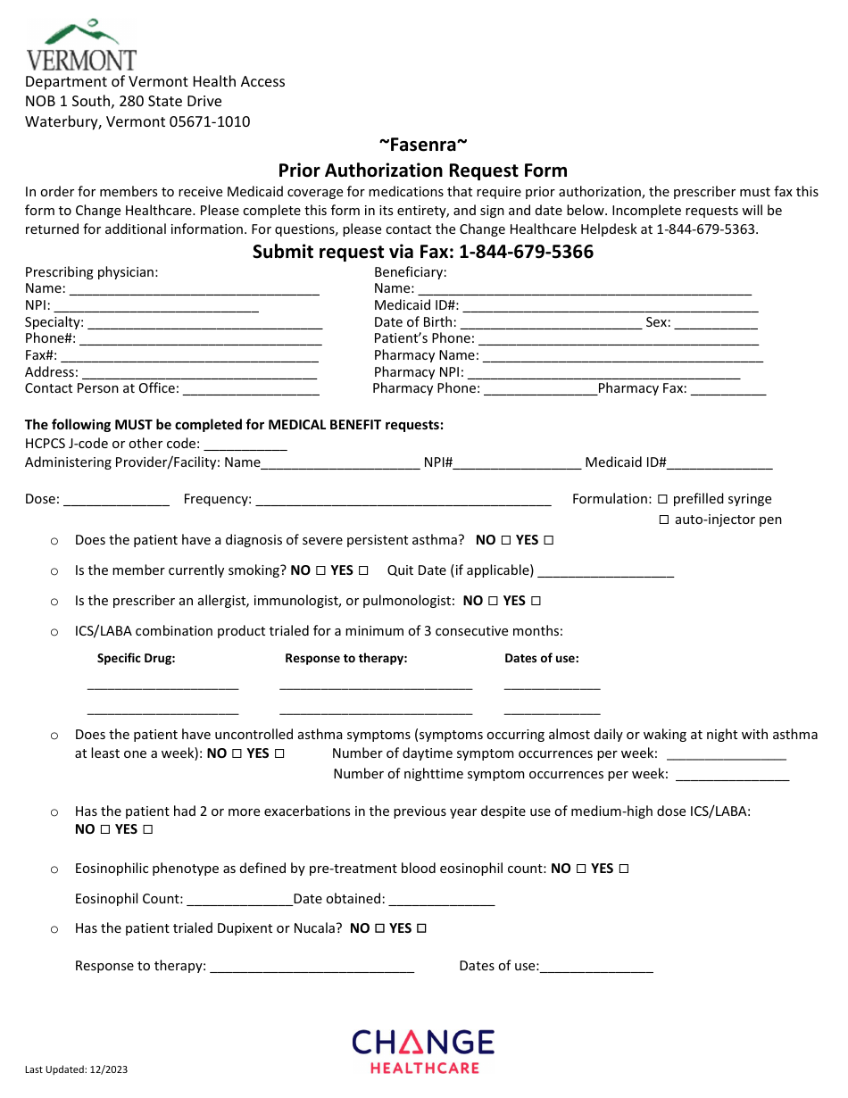 Fasenra Prior Authorization Request Form - Vermont, Page 1