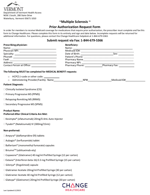 Multiple Sclerosis Prior Authorization Request Form - Vermont Download Pdf
