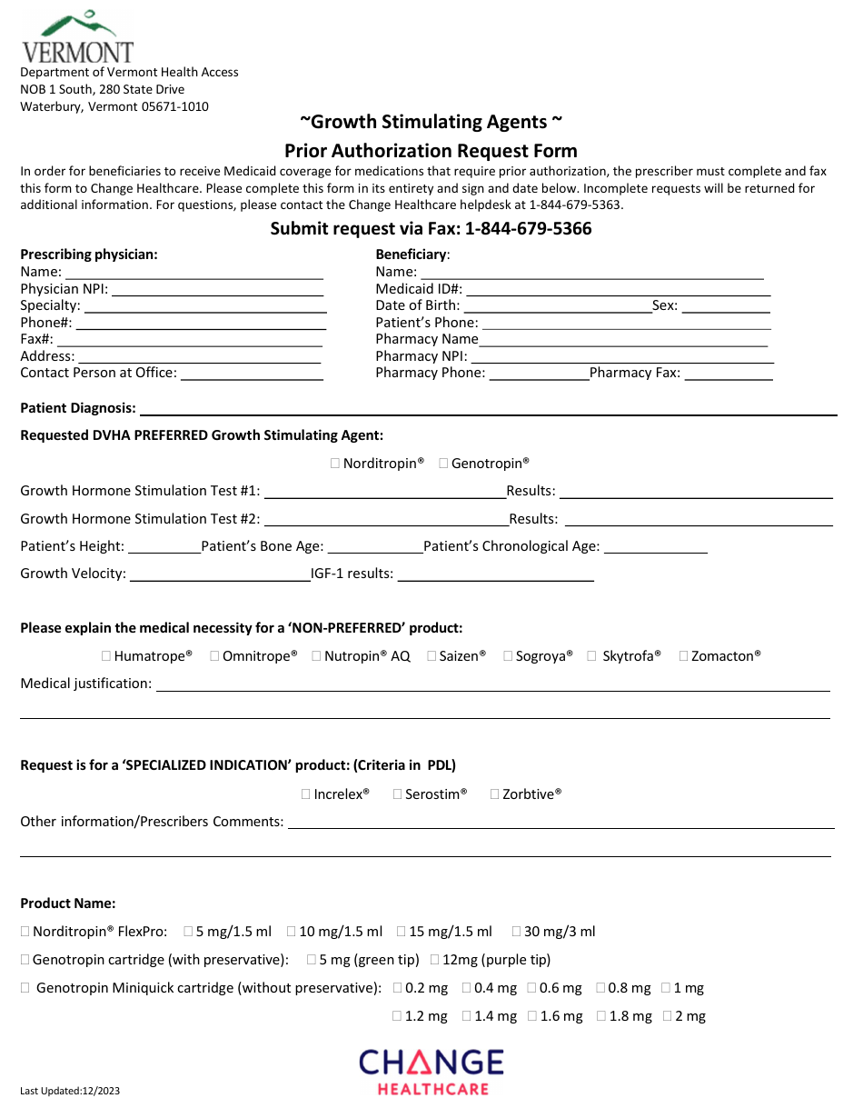 Growth Stimulating Agents Prior Authorization Request Form - Vermont, Page 1