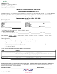 Document preview: Bone Resorption Inhibitors Injectable Prior Authorization Request Form - Vermont