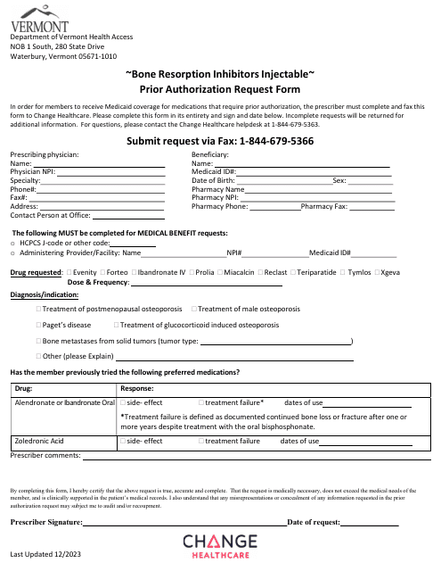 Bone Resorption Inhibitors Injectable Prior Authorization Request Form - Vermont Download Pdf
