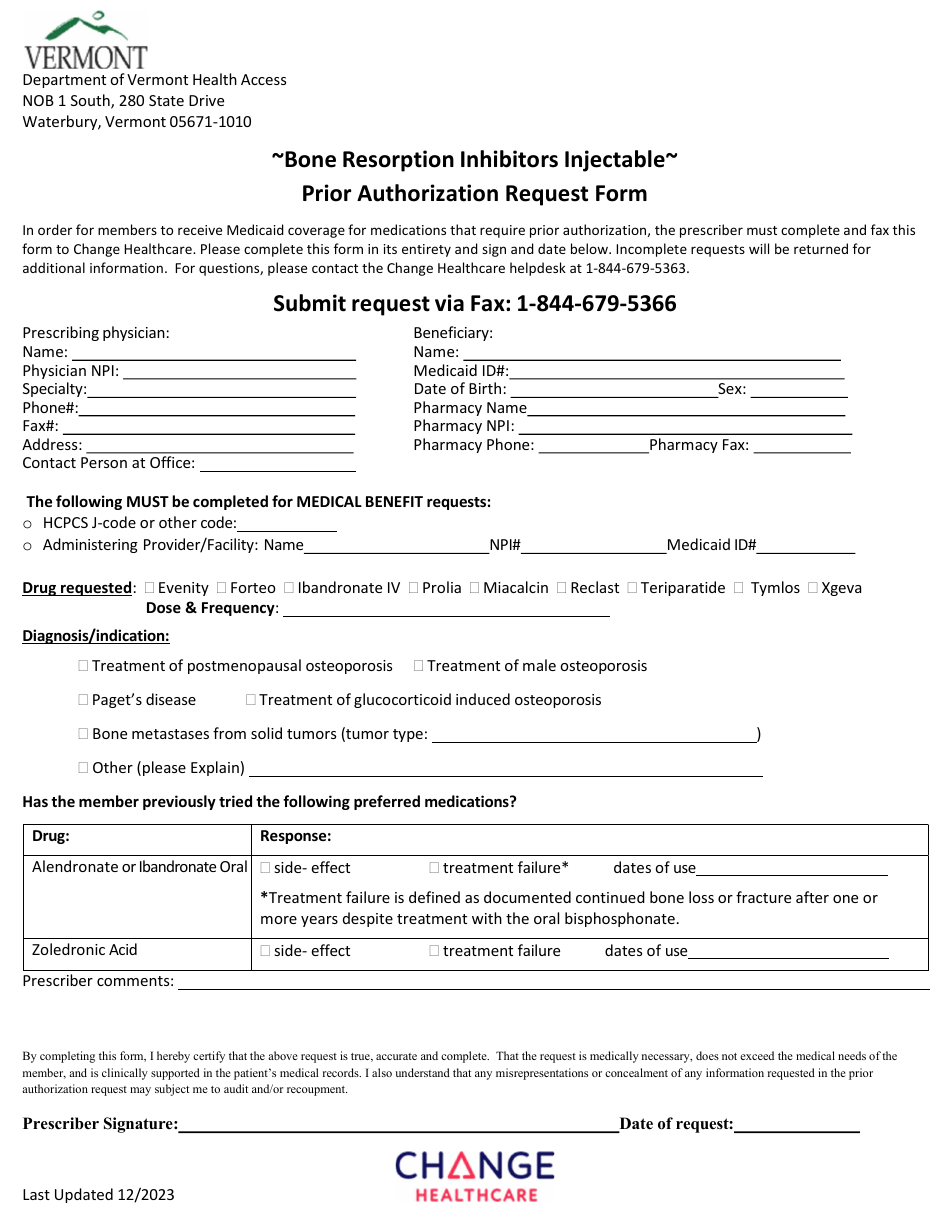 Bone Resorption Inhibitors Injectable Prior Authorization Request Form - Vermont, Page 1