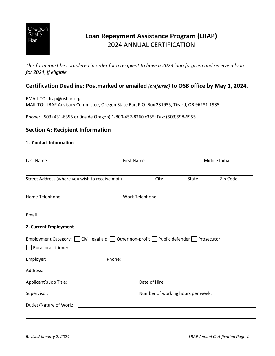 Annual Certification - Loan Repayment Assistance Program (Lrap) - Oregon, Page 1