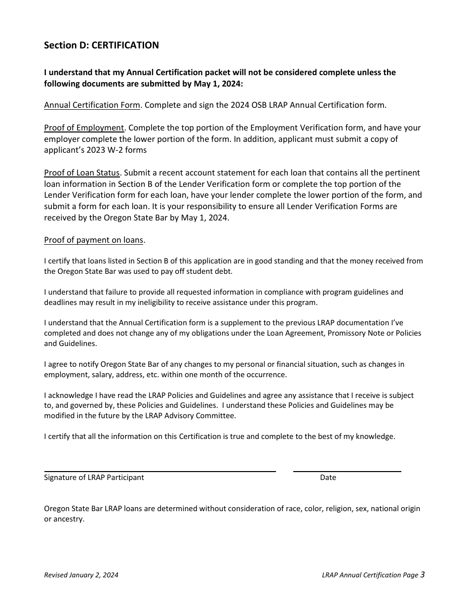 Annual Certification - Loan Repayment Assistance Program (Lrap) - Oregon, Page 3