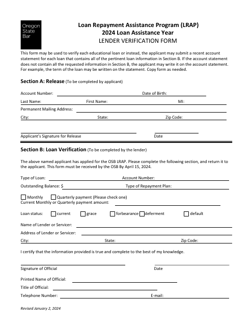 Lender Verification Form - Loan Repayment Assistance Program (Lrap) - Oregon, 2024