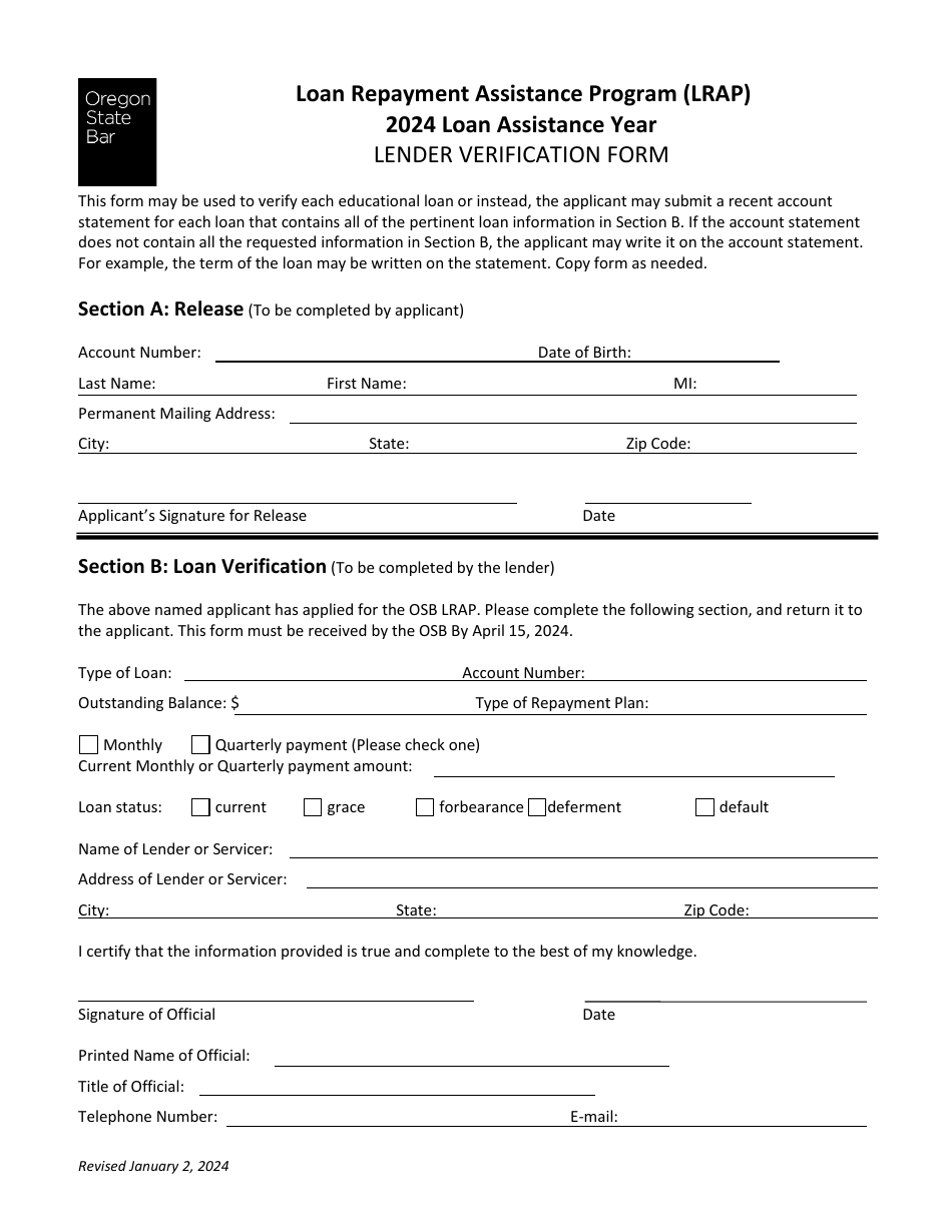 Lender Verification Form - Loan Repayment Assistance Program (Lrap) - Oregon, Page 1