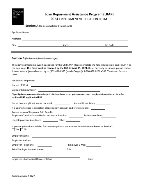 Employment Verification Form - Loan Repayment Assistance Program (Lrap) - Oregon Download Pdf