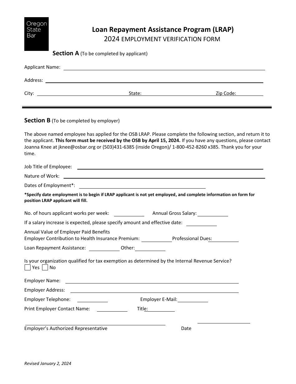 2024 Oregon Employment Verification Form - Loan Repayment Assistance ...