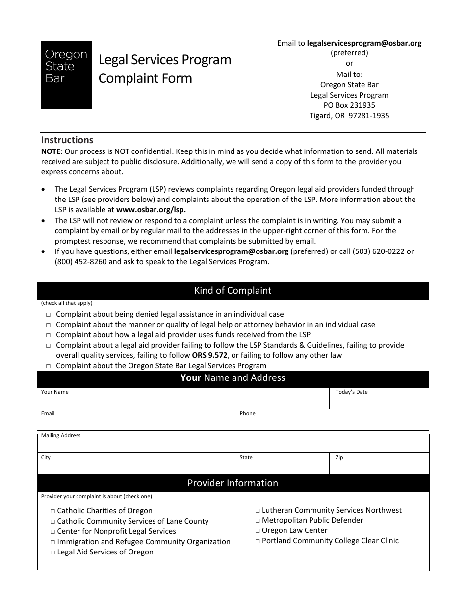 Complaint Form - Legal Services Program - Oregon, Page 1