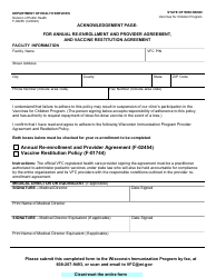 Document preview: Form F-02455 Acknowledgement Page: for Annual Re-enrollment and Provider Agreement, and Vaccine Restitution Agreement - Wisconsin