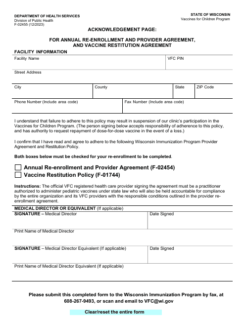 Form F-02455 Acknowledgement Page: for Annual Re-enrollment and Provider Agreement, and Vaccine Restitution Agreement - Wisconsin