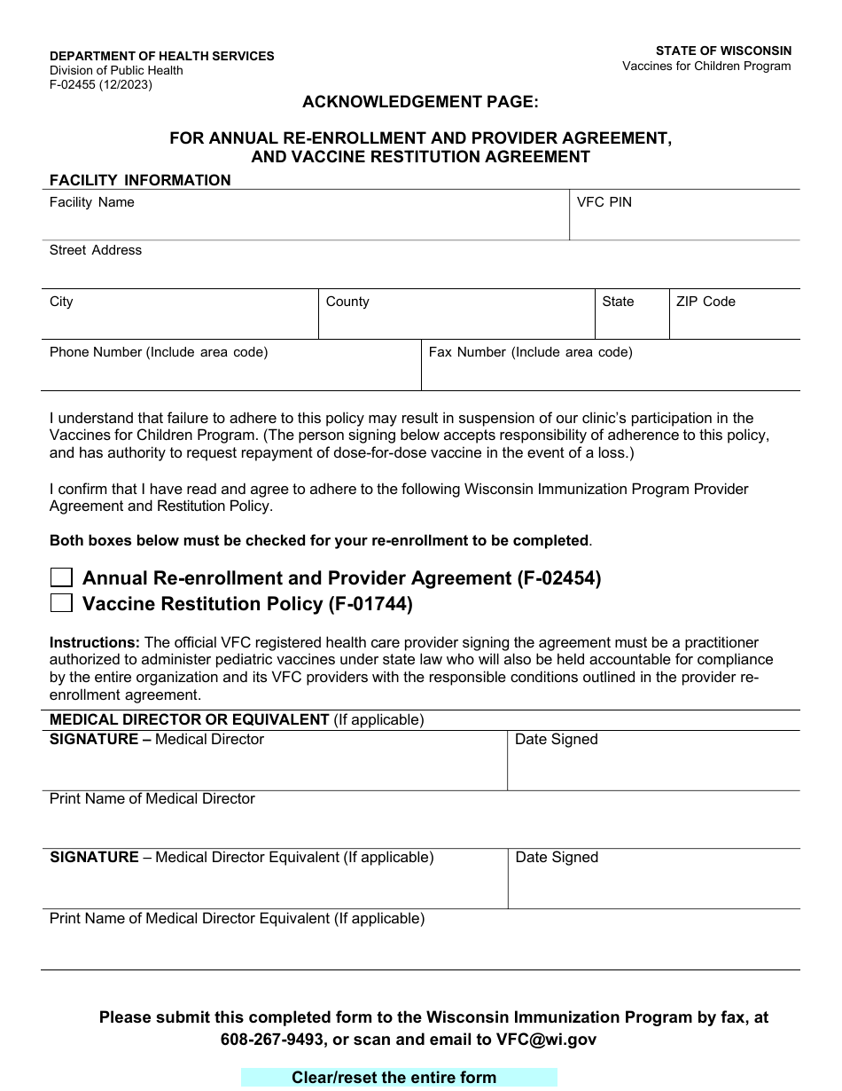 Form F-02455 Acknowledgement Page: for Annual Re-enrollment and Provider Agreement, and Vaccine Restitution Agreement - Wisconsin, Page 1