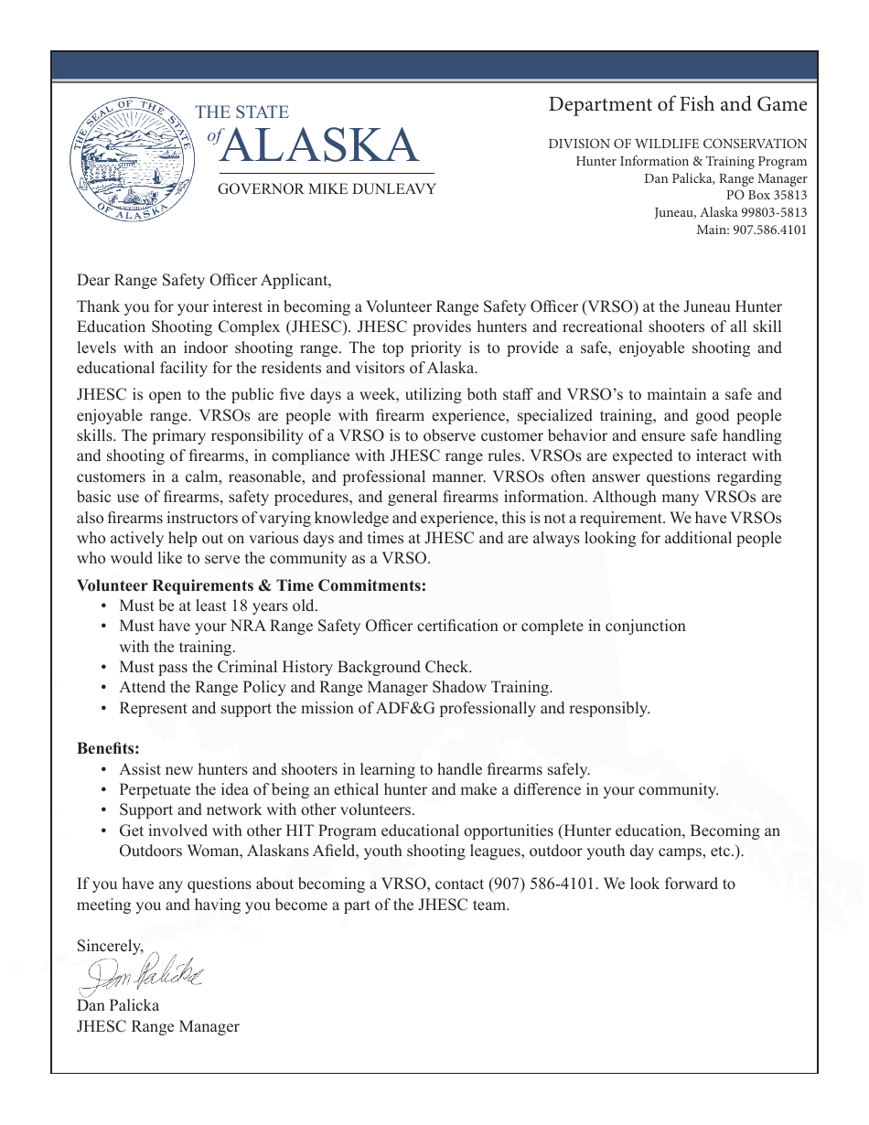 Volunteer Range Safety Officer Application Form - Hunter Information  Training Program - Alaska, Page 1