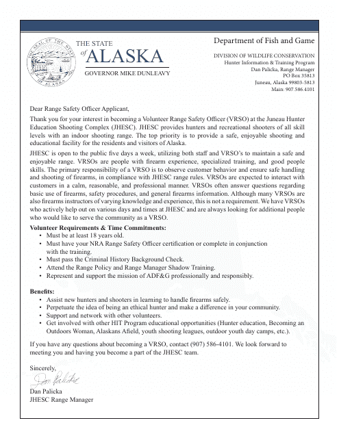 Volunteer Range Safety Officer Application Form - Hunter Information & Training Program - Alaska