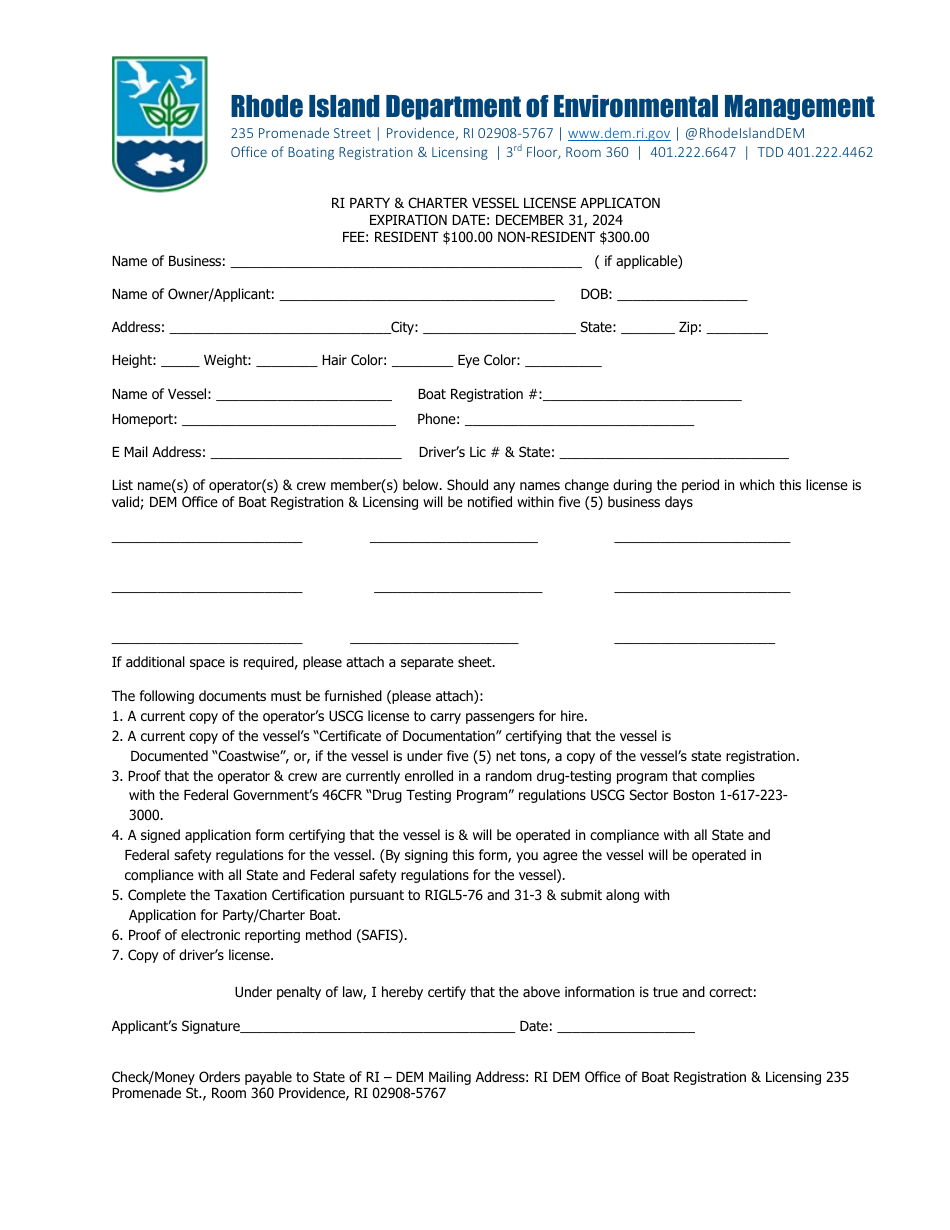 Ri Party  Charter Vessel License Applicaton - Rhode Island, Page 5