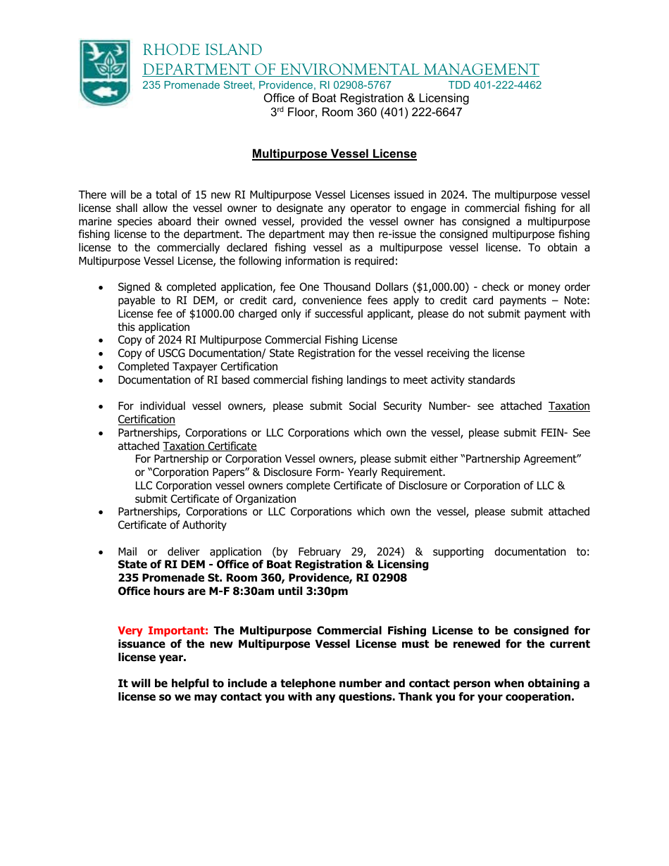 State of Rhode Island Application for Multipurpose Vessel License - Rhode Island, Page 1