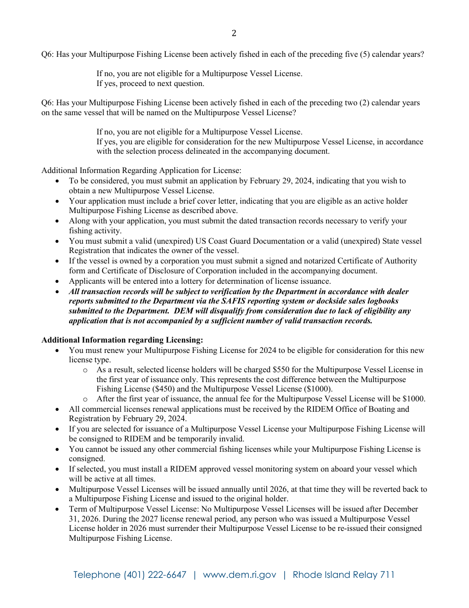 State of Rhode Island Application for Multipurpose Vessel License - Rhode Island, Page 9