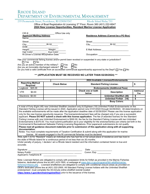 New License Opportunities, Resident Marine License Application - Rhode Island, 2024