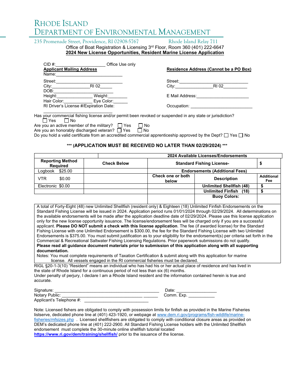 New License Opportunities, Resident Marine License Application - Rhode Island, Page 1