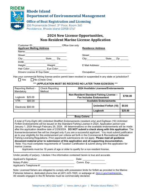 New License Opportunities, Non-resident Marine License Application - Rhode Island Download Pdf