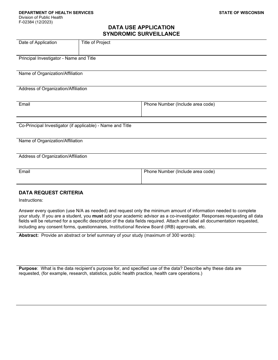 Form F-02384 Syndromic Surveillance Data Use Application - Wisconsin, Page 1