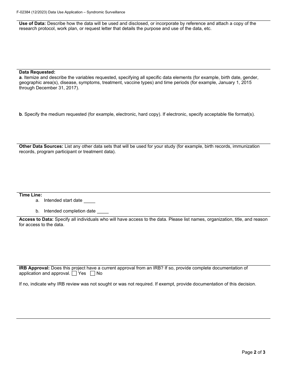 Form F-02384 Syndromic Surveillance Data Use Application - Wisconsin, Page 2